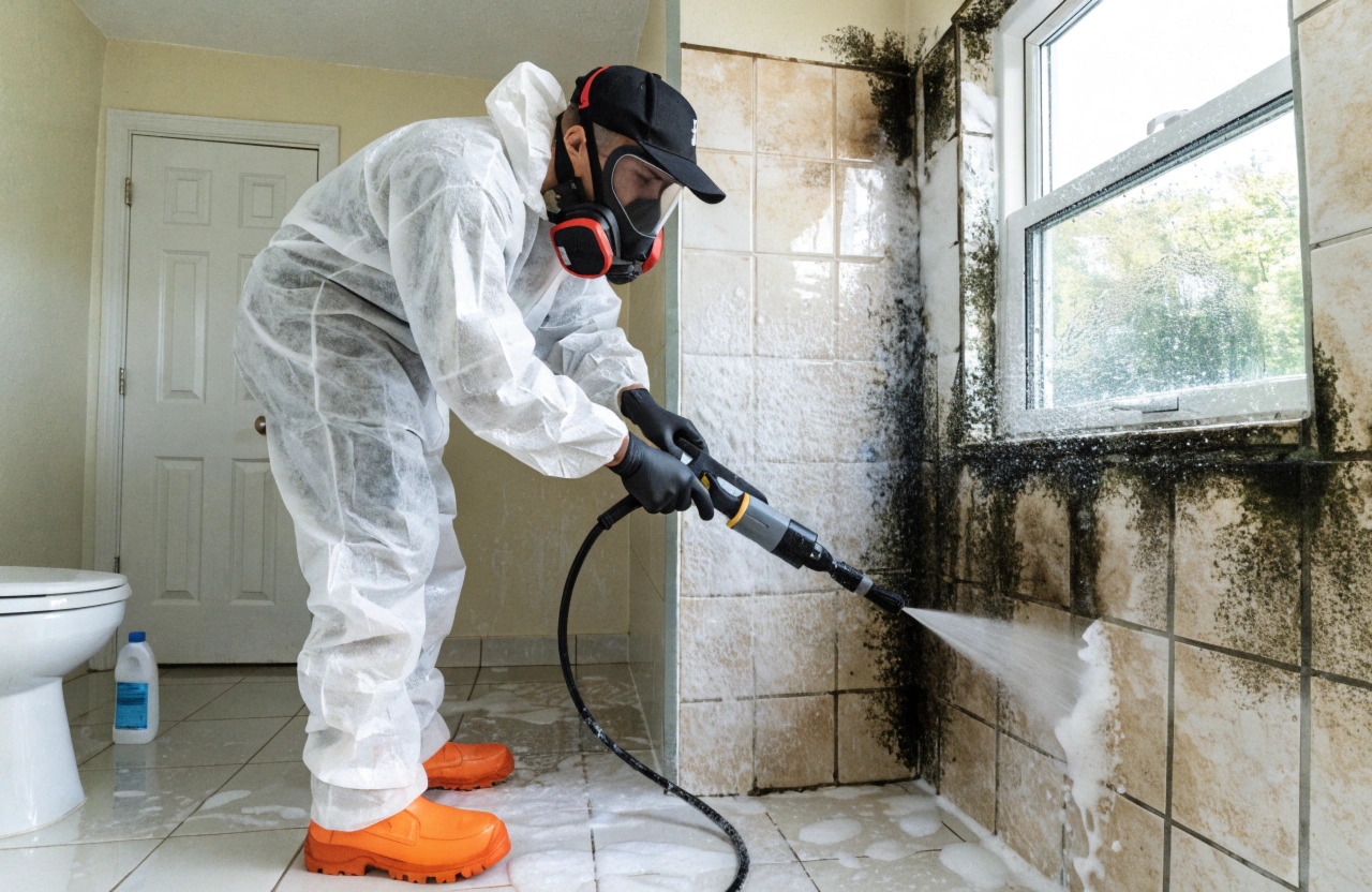 a-professional-mould-remediation-technician-in-whi (1) professional mould inspection and cleaning technician treating wall Central Coast home