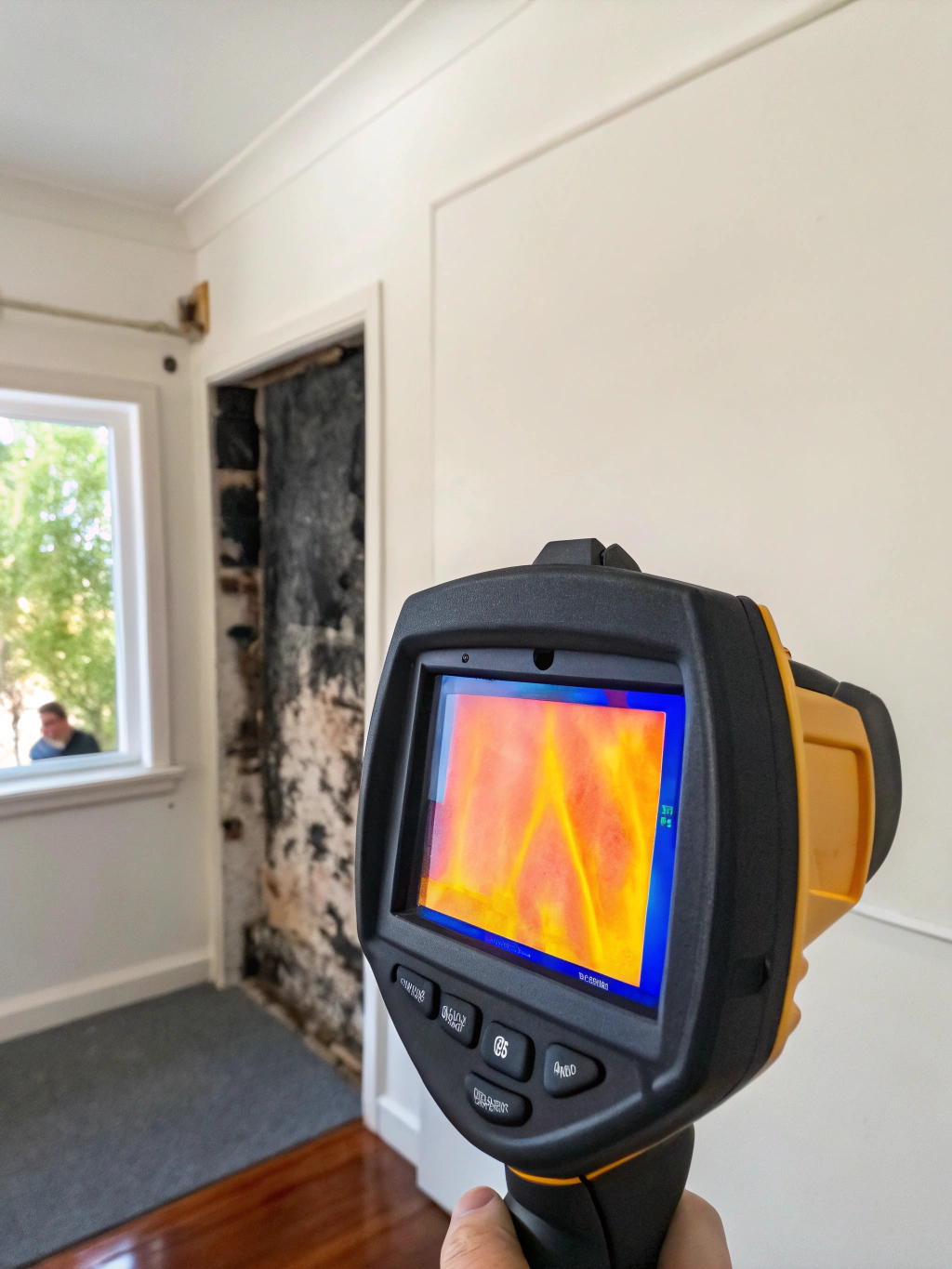 a-thermal-imaging-camera-held-up-toward-an-interio Thermal imaging camera pointed at interior wall during professional mould inspection