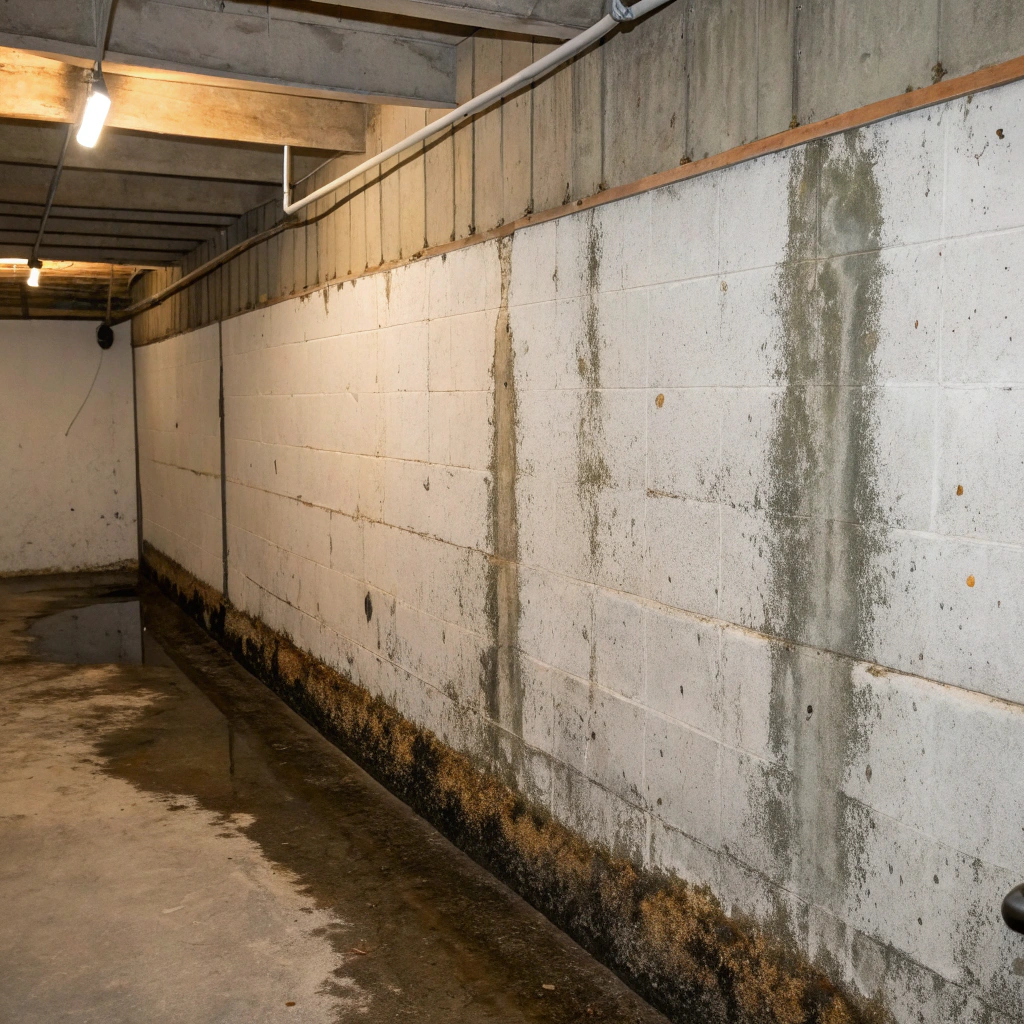 Damp concrete basement wall showing moisture damage and early mould growth on the Central Coast