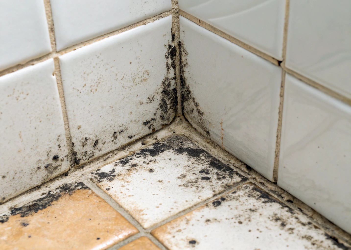 bathroom-grout-mould-central-coast Close-up of black mould growing deep in bathroom grout lines Central Coast NSW