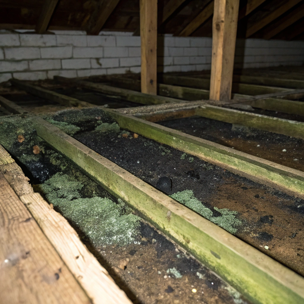 Mould growth on timber joists and bearers in a subfloor crawl space beneath a Central Coast home