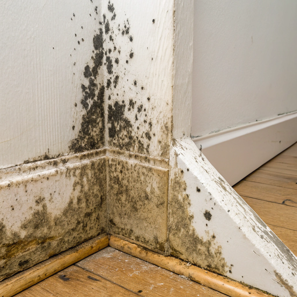 Close up of mould damaged plasterboard wall showing penetration through paint and paper face