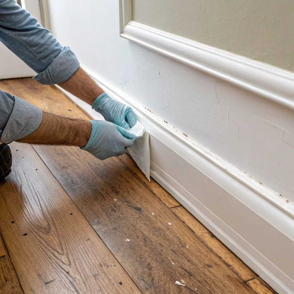 Adhesive containment tape residue on skirting board being removed during post-mould treatment clean