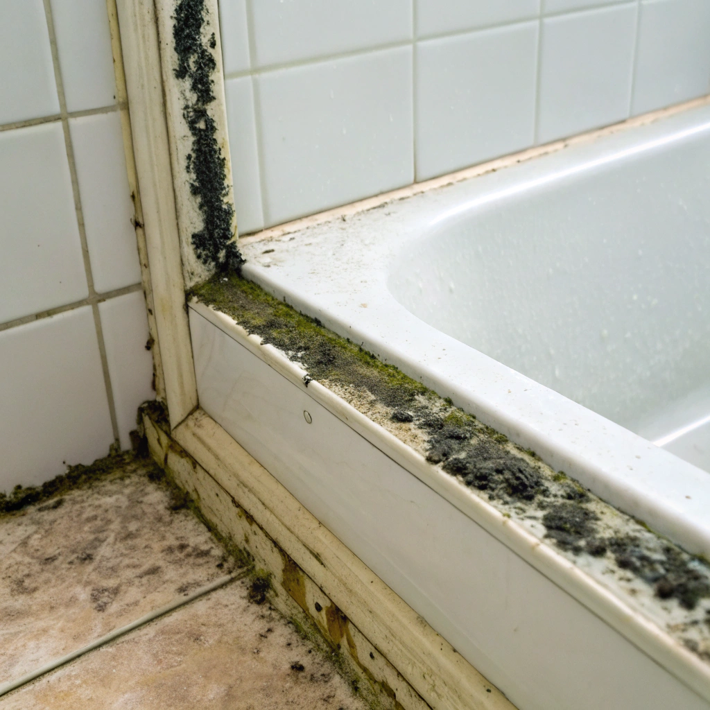 Black mould colonising bathroom silicone sealant along bath edge