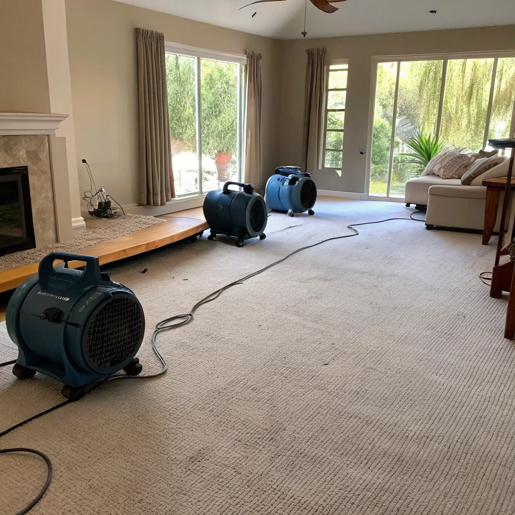 Professional carpet drying equipment set up in a water damaged room