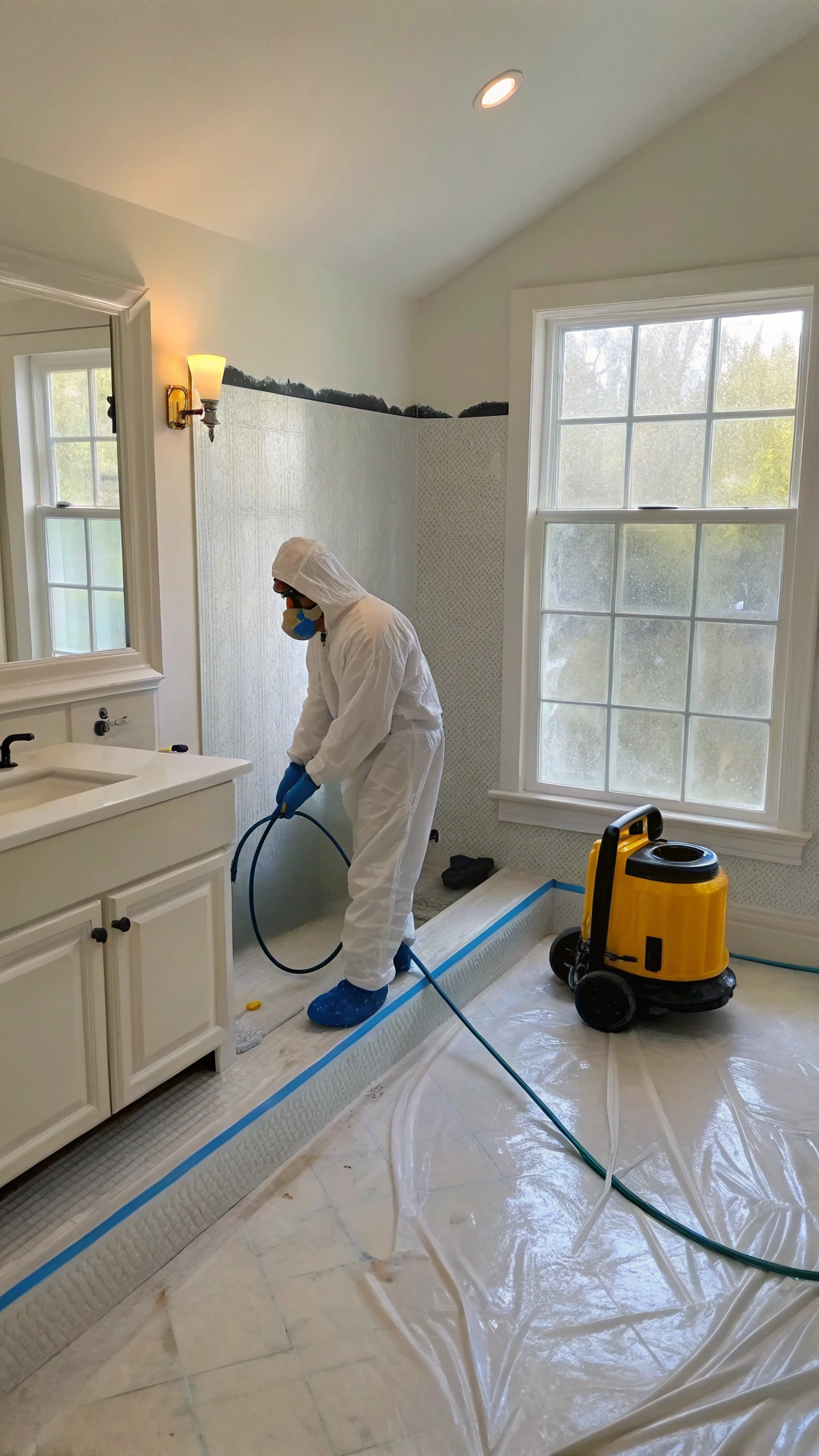 professional-mould-removal-bathroom-treatment Professional mould remediation treatment being applied to bathroom surfaces Central Coast