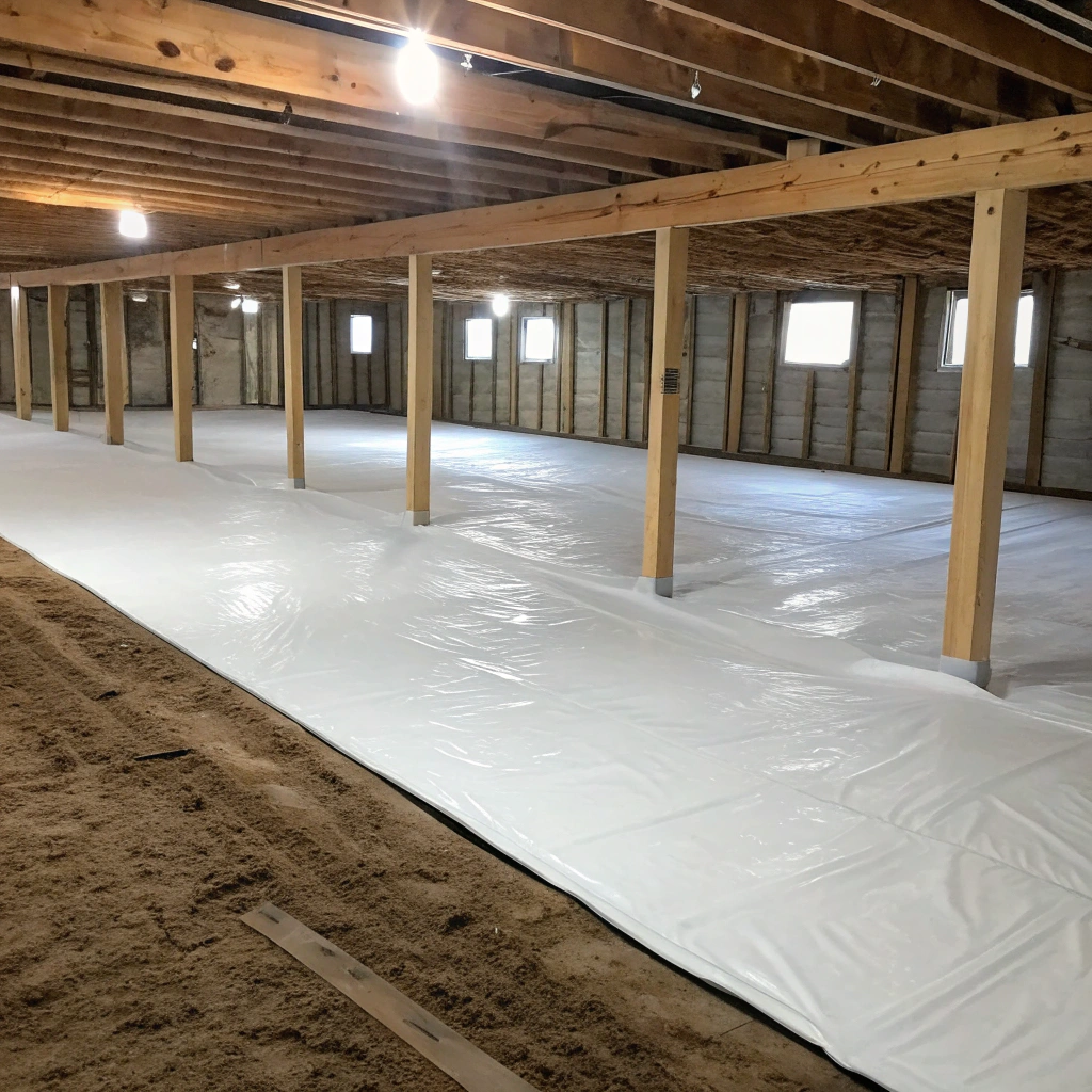 New vapour barrier installed across subfloor ground surface during mould remediation Central Coast