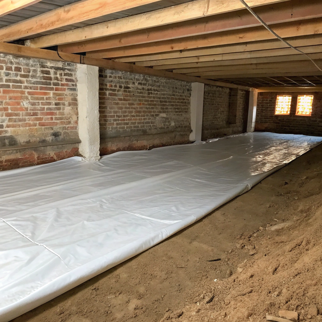 New vapour barrier installed across subfloor crawl space ground surface beneath residential home
