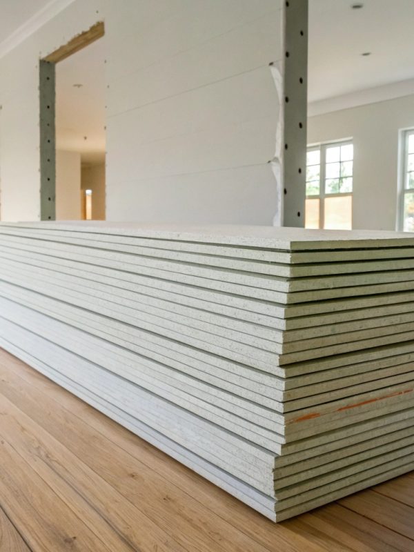 a-neat-stack-of-moisture-resistant-plasterboard-sh Moisture-resistant plasterboard sheets staged for installation during post-mould building restoration