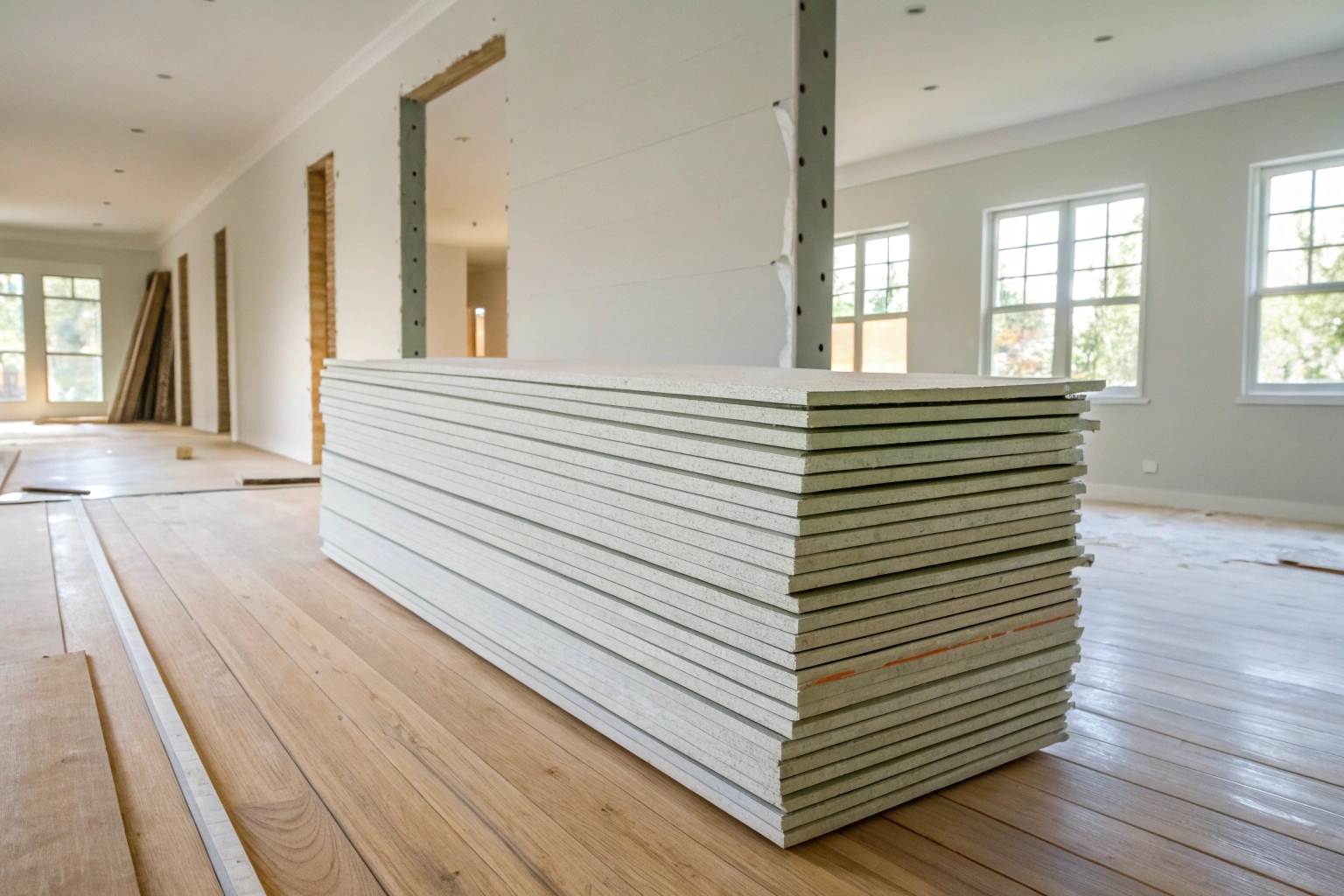 a-neat-stack-of-moisture-resistant-plasterboard-sh Moisture-resistant plasterboard sheets staged for installation during post-mould building restoration