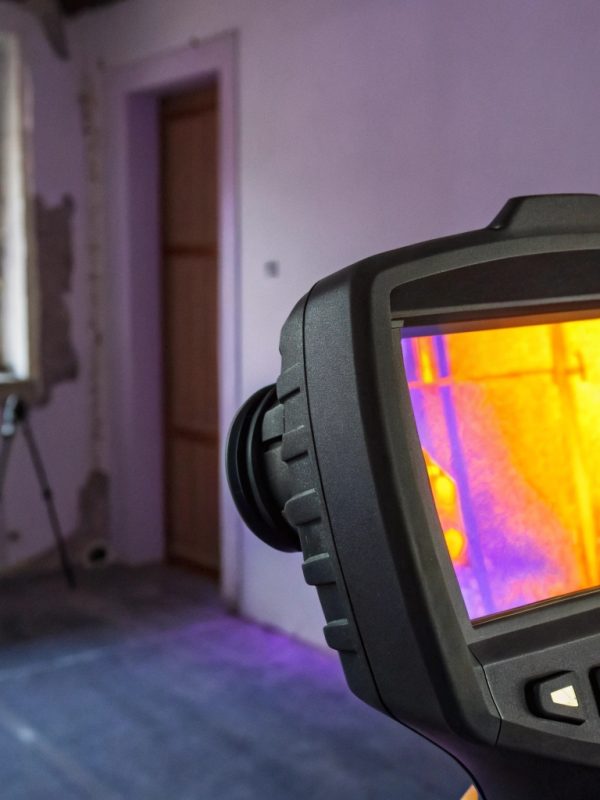 a-photorealistic-close-up-of-a-handheld-thermal-im Thermal imaging moisture mapping detecting hidden water damage behind a wall in a Central Coast home