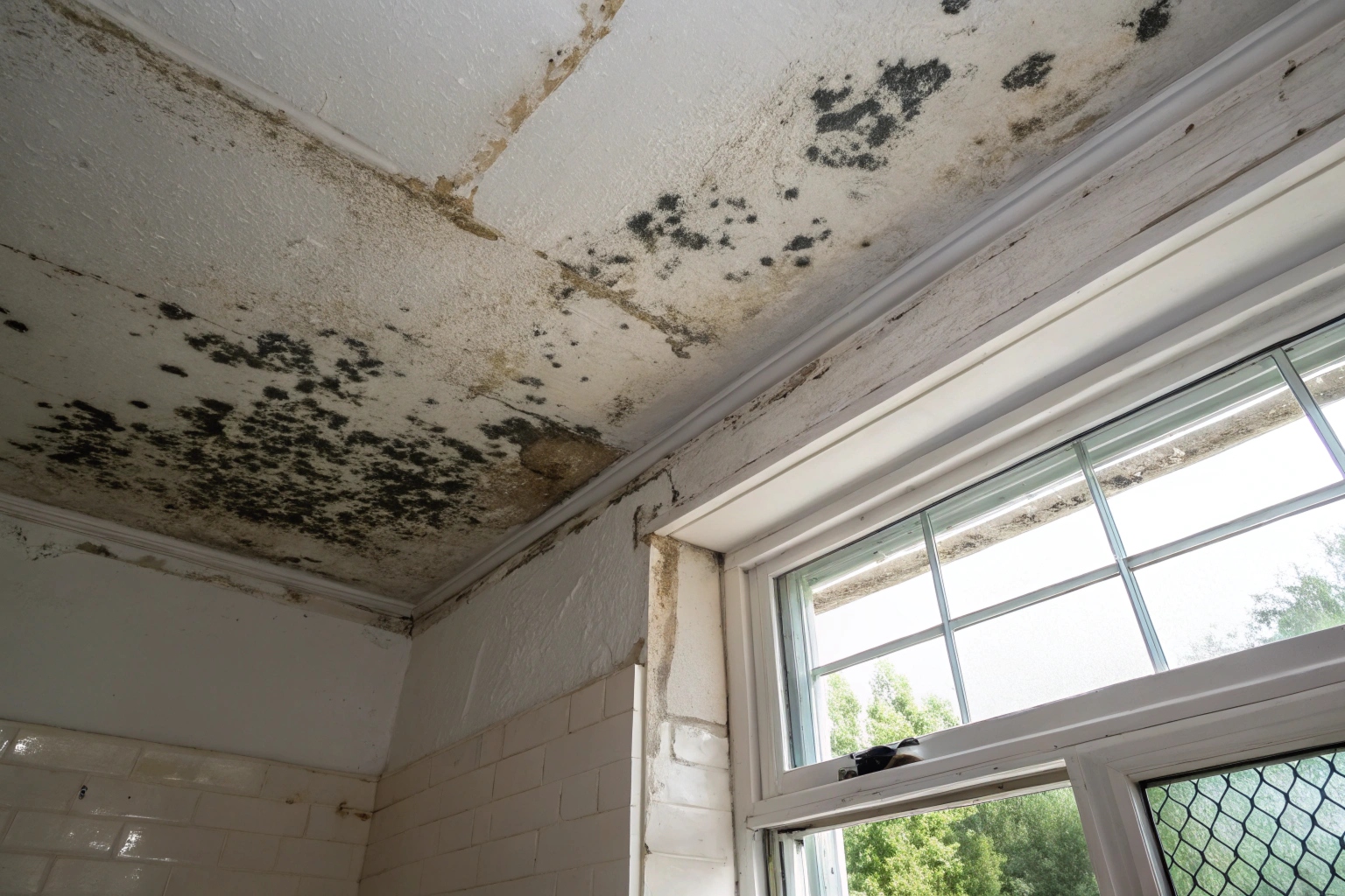 a-photorealistic-close-up-view-of-a-mould-affected Mould growth on bathroom ceiling of a Central Coast rental property