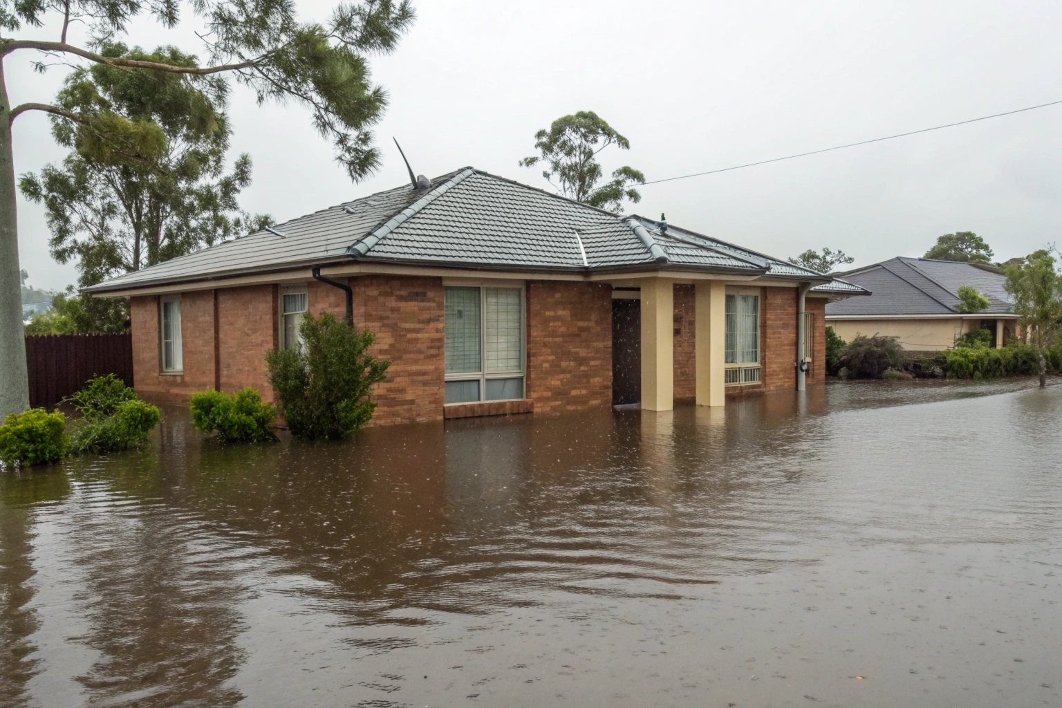 a-photorealistic-exterior-shot-of-a-single-storey- (1) Flood water surrounding a residential property on the Central Coast NSW