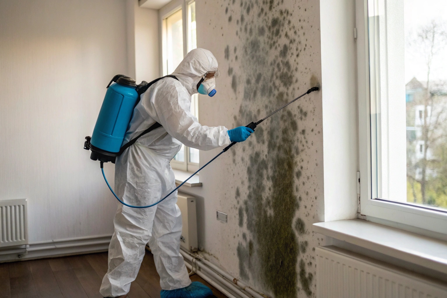 a-photorealistic-image-of-a-professional-mould-rem (1) Professional mould remediation technician treating strata apartment wall surface on the Central Coast