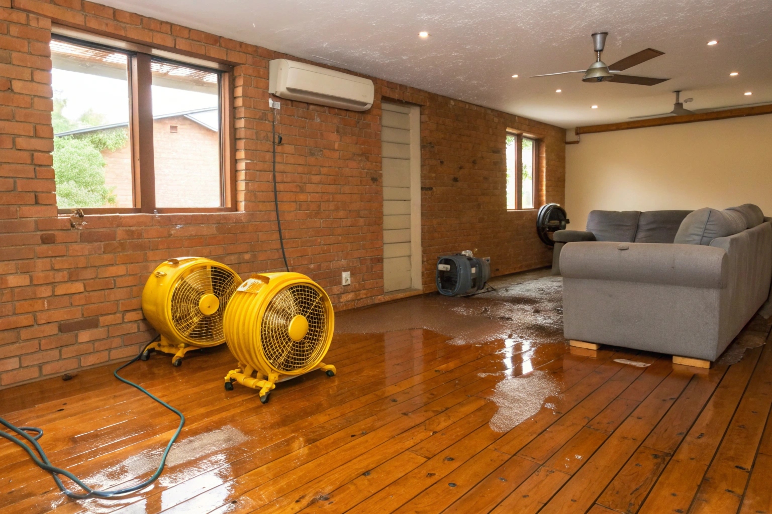 a-photorealistic-interior-shot-of-a-small-compact- Water damage restoration equipment deployed in a Central Coast home living room after a burst pipe