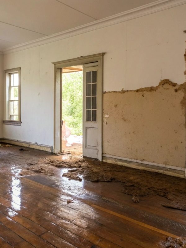 a-photorealistic-wide-angle-interior-photograph-of Flood damaged interior of a Central Coast home showing water stained walls and warped flooring