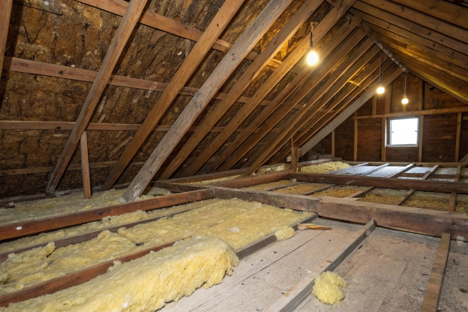 a-roof-cavity-interior-showing-discoloured-and-moi Mould-affected ceiling batts being removed from a residential roof cavity on the Central Coast