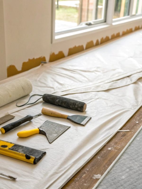 a-tradesperson-s-tools-laid-out-on-a-clean-drop-sh Plastering and setting tools beside a freshly set plasterboard wall during a Central Coast replacement job