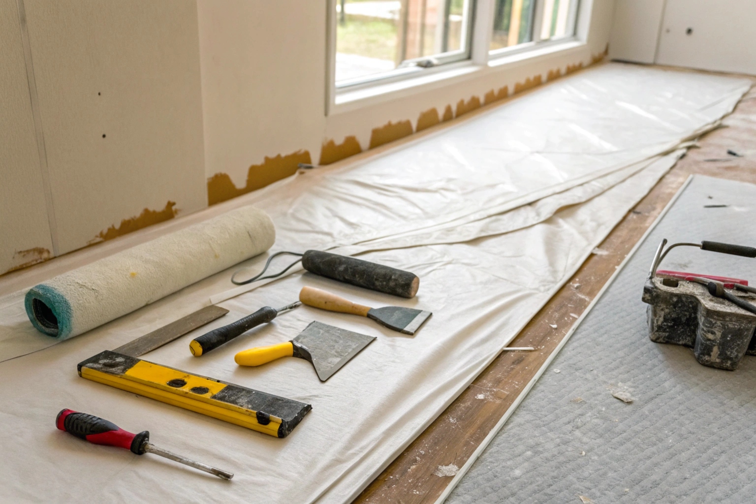 a-tradesperson-s-tools-laid-out-on-a-clean-drop-sh Plastering and setting tools beside a freshly set plasterboard wall during a Central Coast replacement job